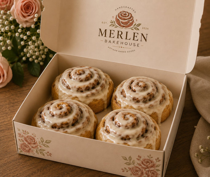 A box of four Merlen Bakehouse cinnamon rolls with whipped cream cheese frosting