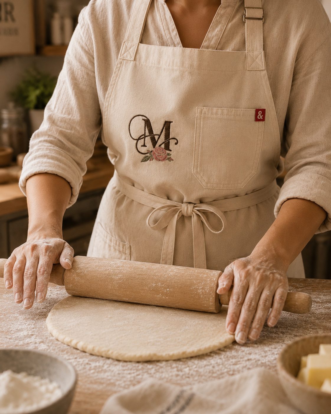 A baker rolling out fresh dough in a Merlen Bakehouse apron