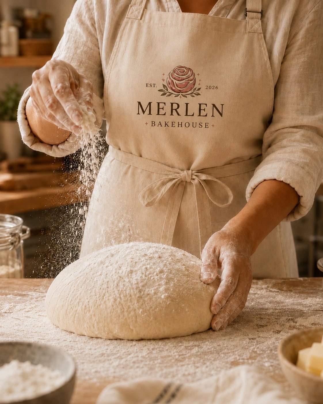 A baker kneading fresh dough in a Merlen Bakehouse apron